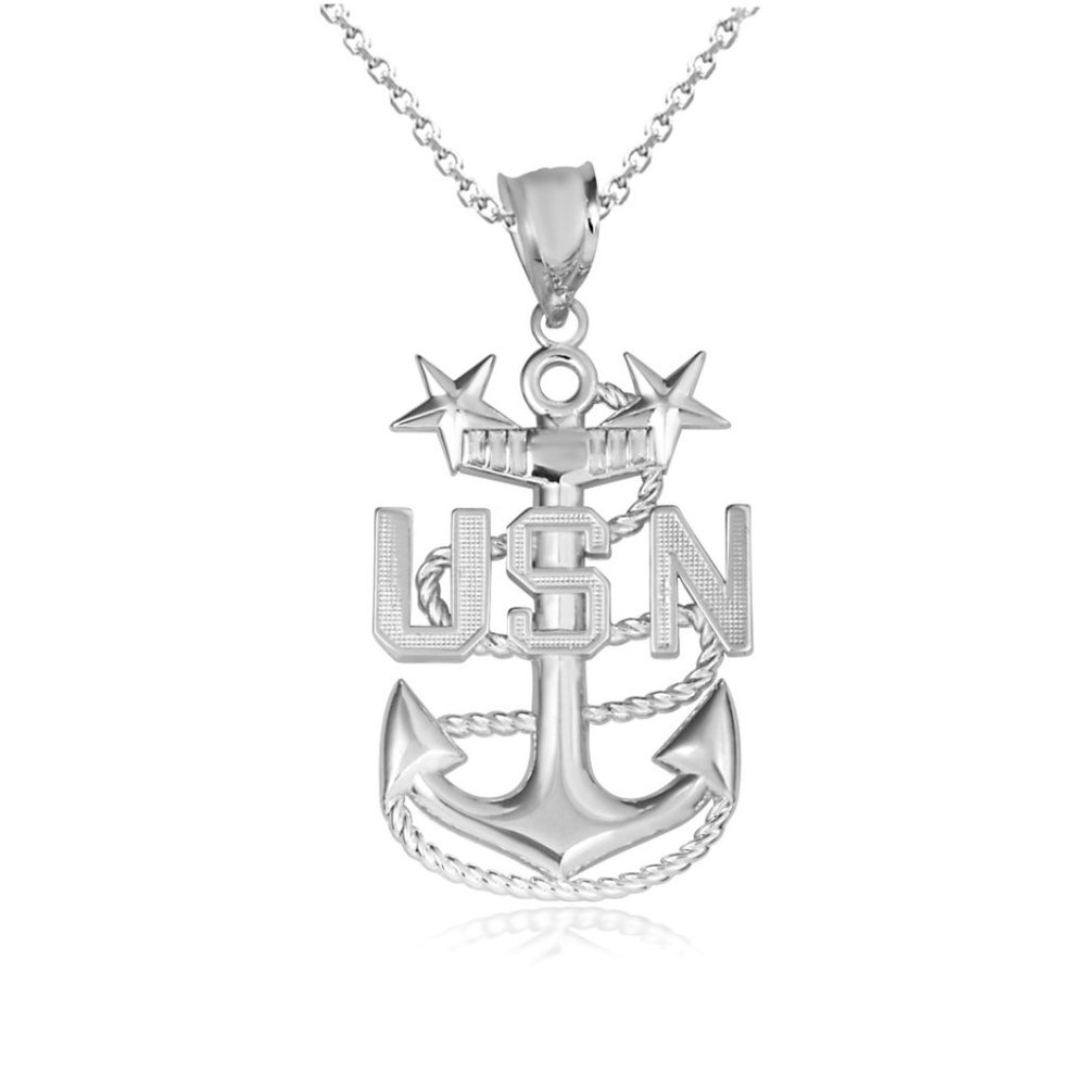 925 Sterling Silver US Navy Master Chief Petty Officer Anchor Pendant Necklace - Picture 5 of 5